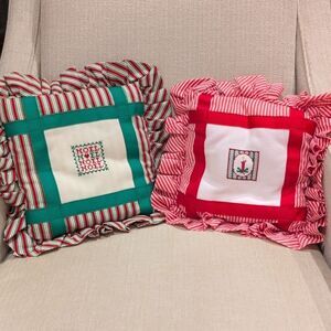 Handcrafted Festive Red and Green Ruffled Cross-stitch Holiday Pillows Set of 2